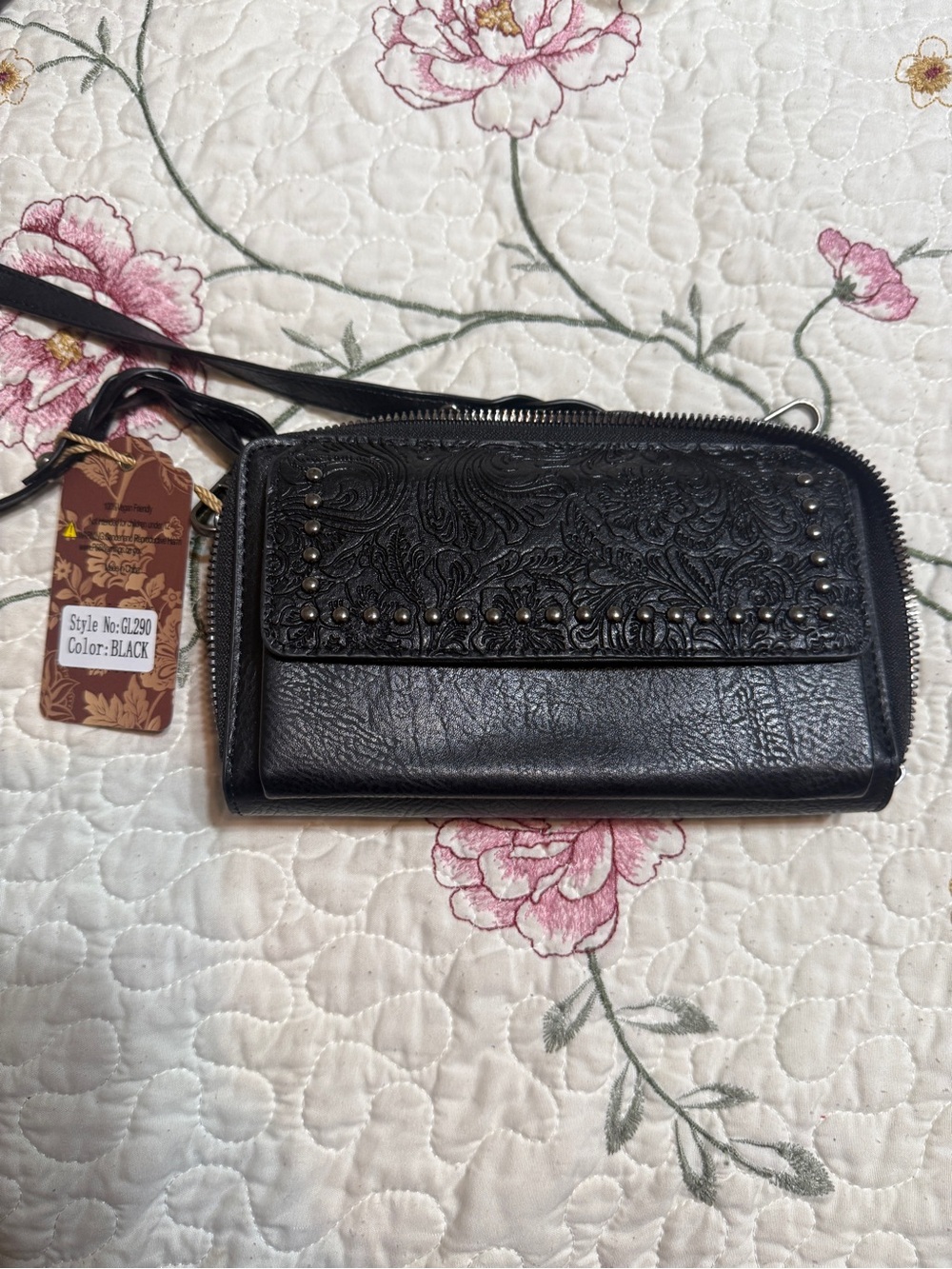 Sam & Hadley Black Tooled Western Studded Wallet Crossbody NWT